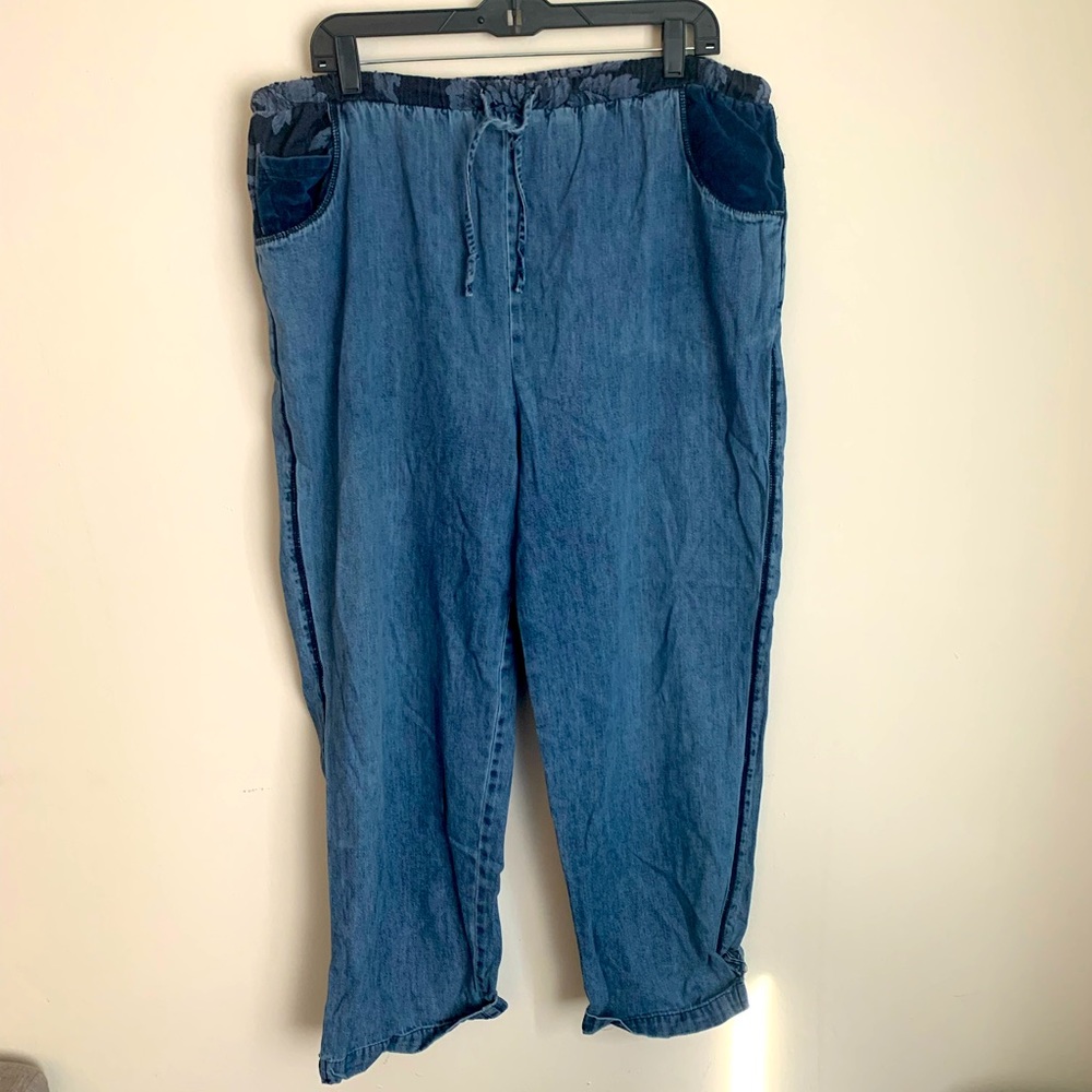 Floral Trim Drawstring Baggy Denim Pants Medium/Large
